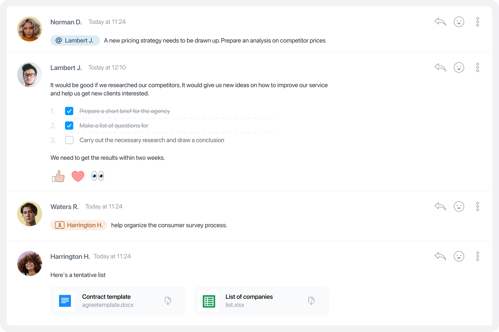 Team Collaboration — Built-in chat in each task allows the team to communicate, share necessary links and files.