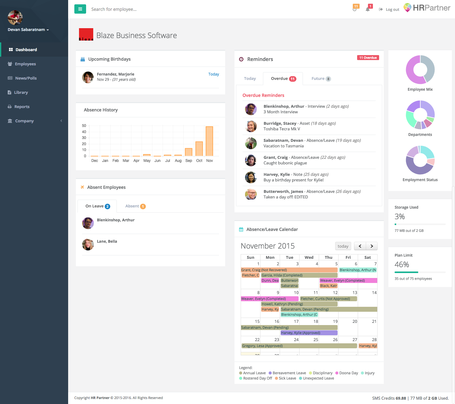 HR Partner Software - Administrators can view HR information at a glance via the dashboard