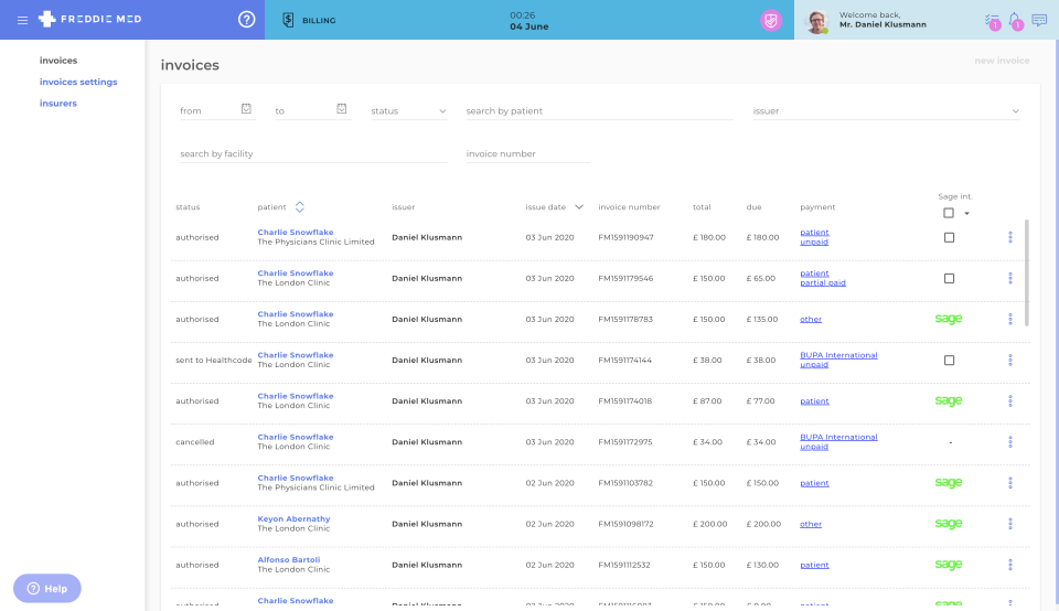 Freddie Med screenshot: Freddie Med invoices
