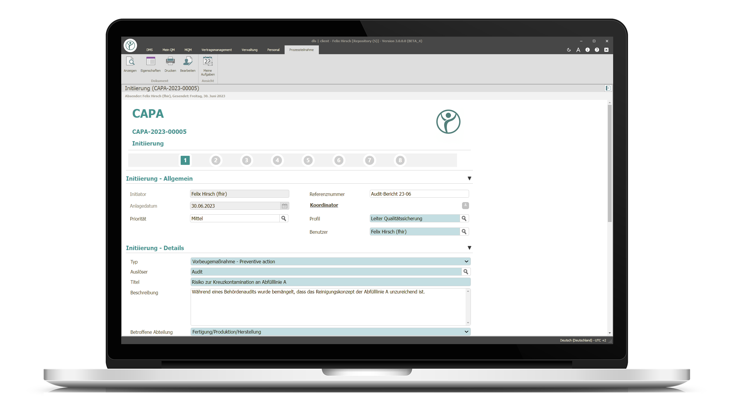 dls | capa screenshot: Illustration of a notebook on which the QM-workflow CAPA of Digital Life Sciences is displayed