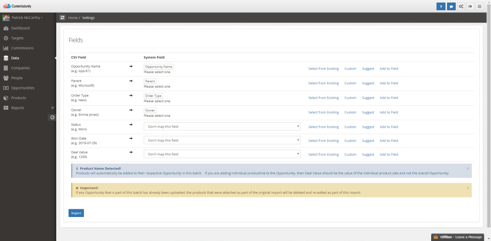 Commissionly Software - Create custom fields or import existing ones using the data import tool