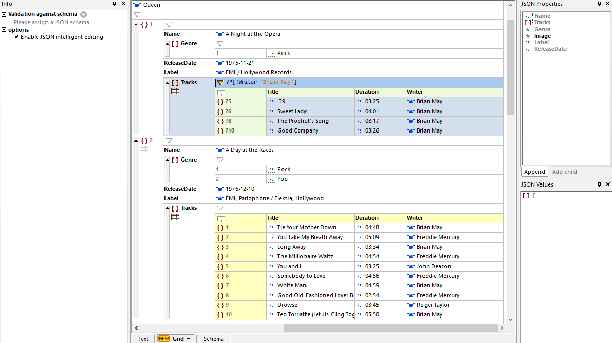 XMLSpy screenshot: JSON editor - grid view in XMLSpy