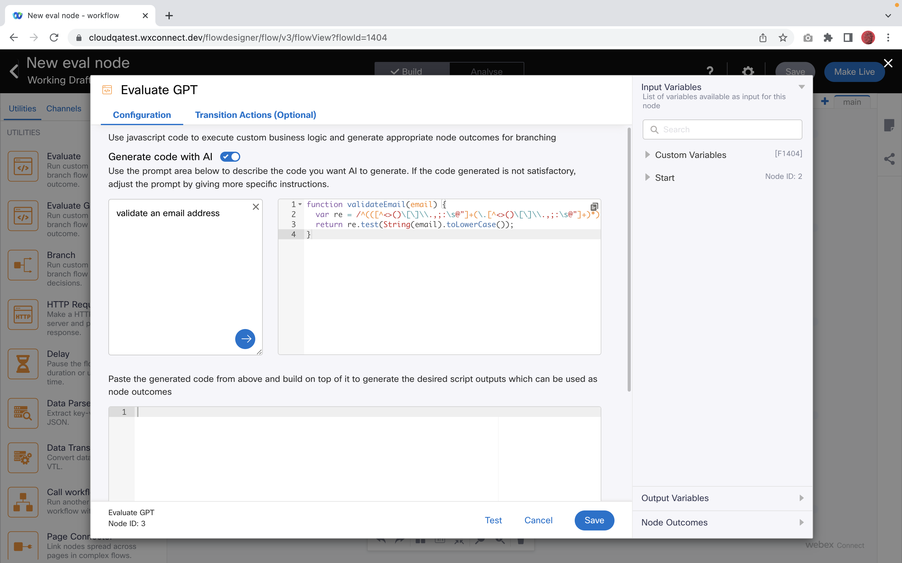 Webex Connect Software - Evaluate node - generate code with AI