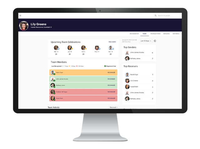 Inspirus Employee Engagement Platform Software - Robust dashboards show administrators and managers real-time employee engagement and employee activity data.