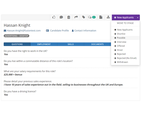 Webrecruit ATS screenshot: Webrecruit ATS manage applications