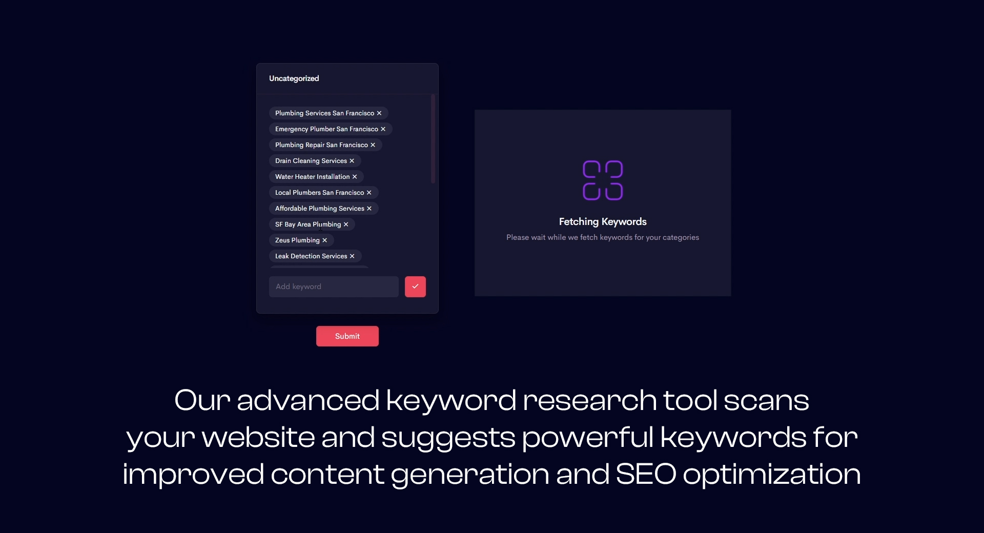 Our advanced keyword research tool scans your website and suggests powerful keywords for improved content generation and SEO optimization.