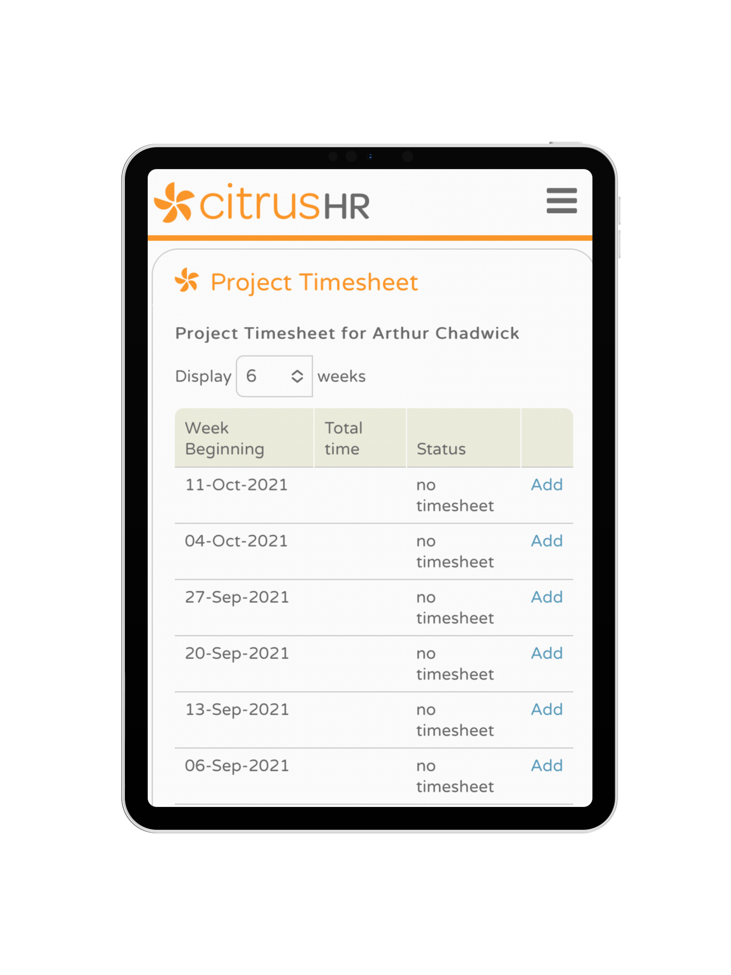 citrusHR Software - Online timesheets allow staff to fill in the hours they've worked, and send them over to their manager for approval
