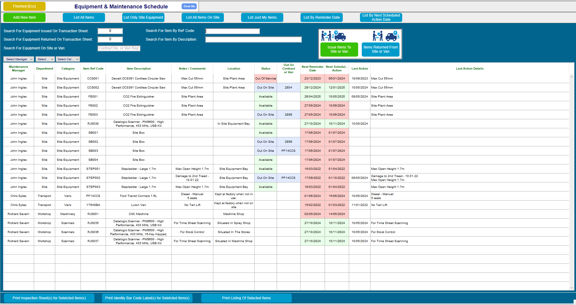 Contract Controller Software - Equipment Overview & Status.
List all site equipment, in-house machinery and transport.
This may be filtered to show only the required type of items. Instantly see which contract site equipment is current on and what equipment is available.