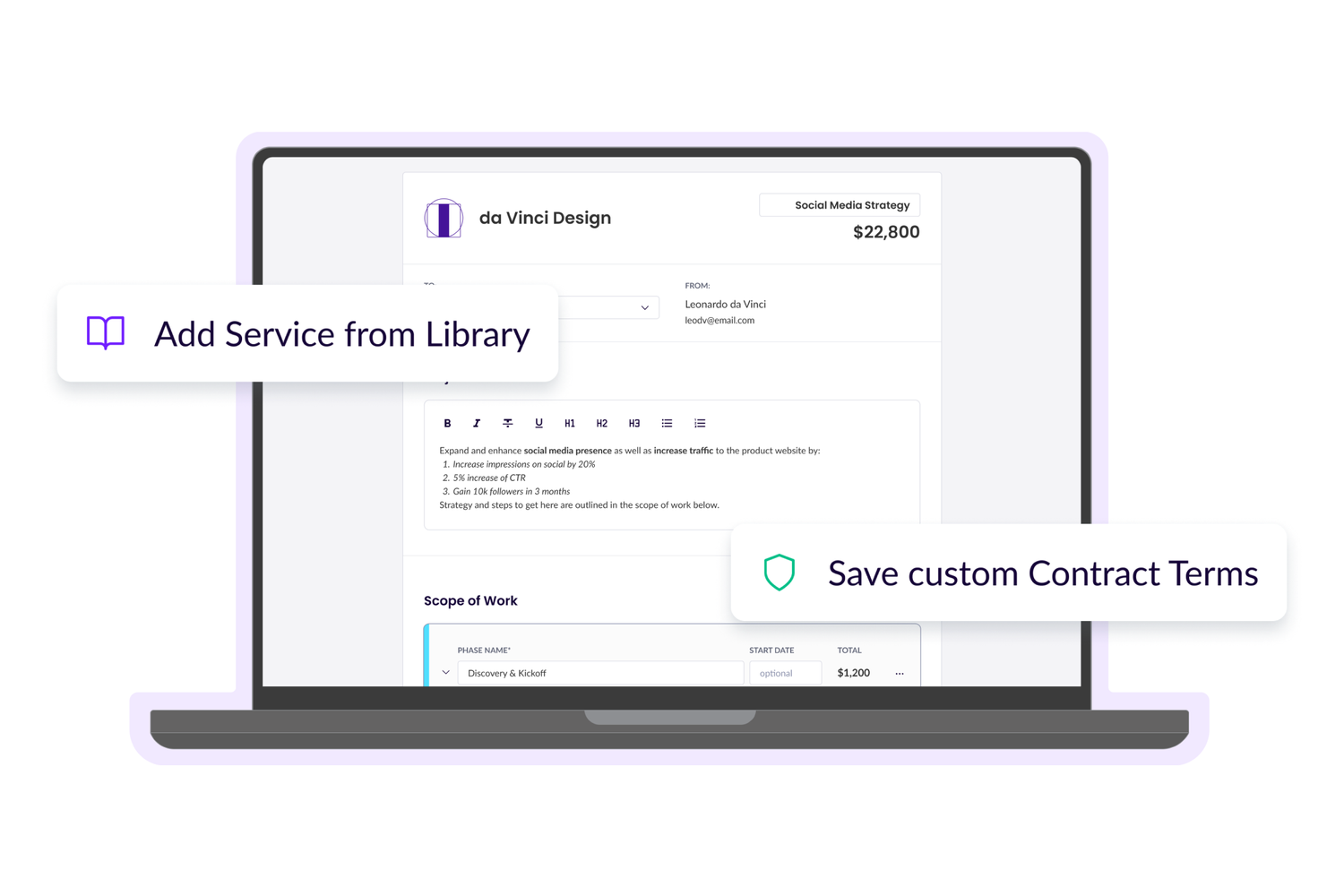Build out proposals in minutes on Wethos for any and all of your freelance projects. Proposals include project goals, scopes of work, and contract terms. Clients can sign and accept proposals easily so you can begin work quickly.