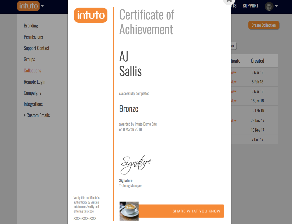 Intuto Software - Certificates can be created for completion of one or more courses and allow users to keep track of compliance and reward course completion.