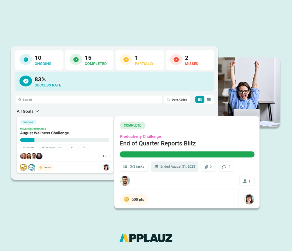 Applauz Recognition Software - Employee Goals – Establish customized wellness and productivity challenges for individuals or teams, promoting a culture of growth and well-being. Foster engagement and motivation while empowering employees to achieve their personal and collective goals.