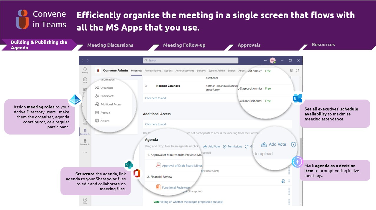 Convene in Teams screenshot: Schedule the meeting, invite executives and guests, and create the meeting pack on one screen. Structure the agenda, upload and edit documents, and add vote items for the meeting.