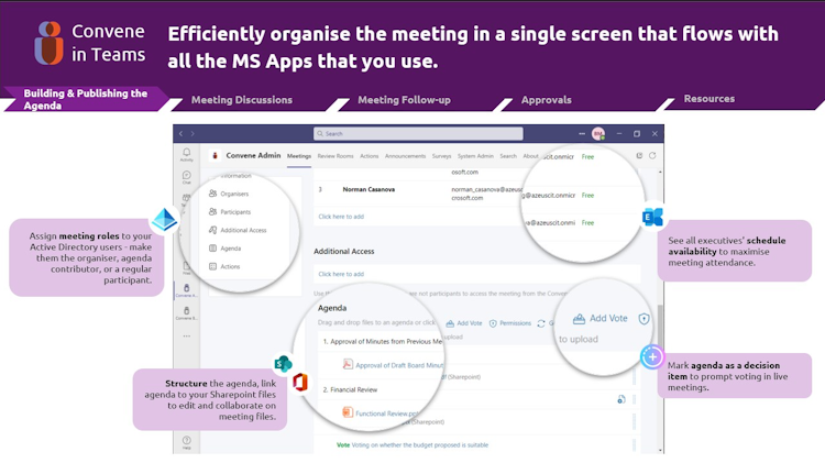 Convene in Teams screenshot: Schedule the meeting, invite executives and guests, and create the meeting pack on one screen. Structure the agenda, upload and edit documents, and add vote items for the meeting.