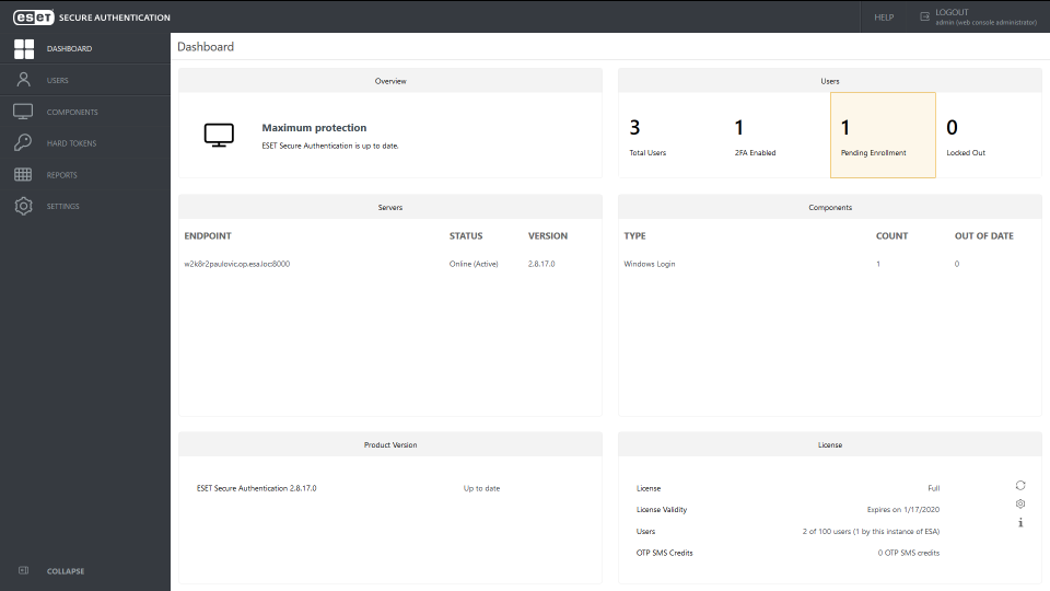 ESET Secure Authentication Software - ESET Secure Authentication dashboard view