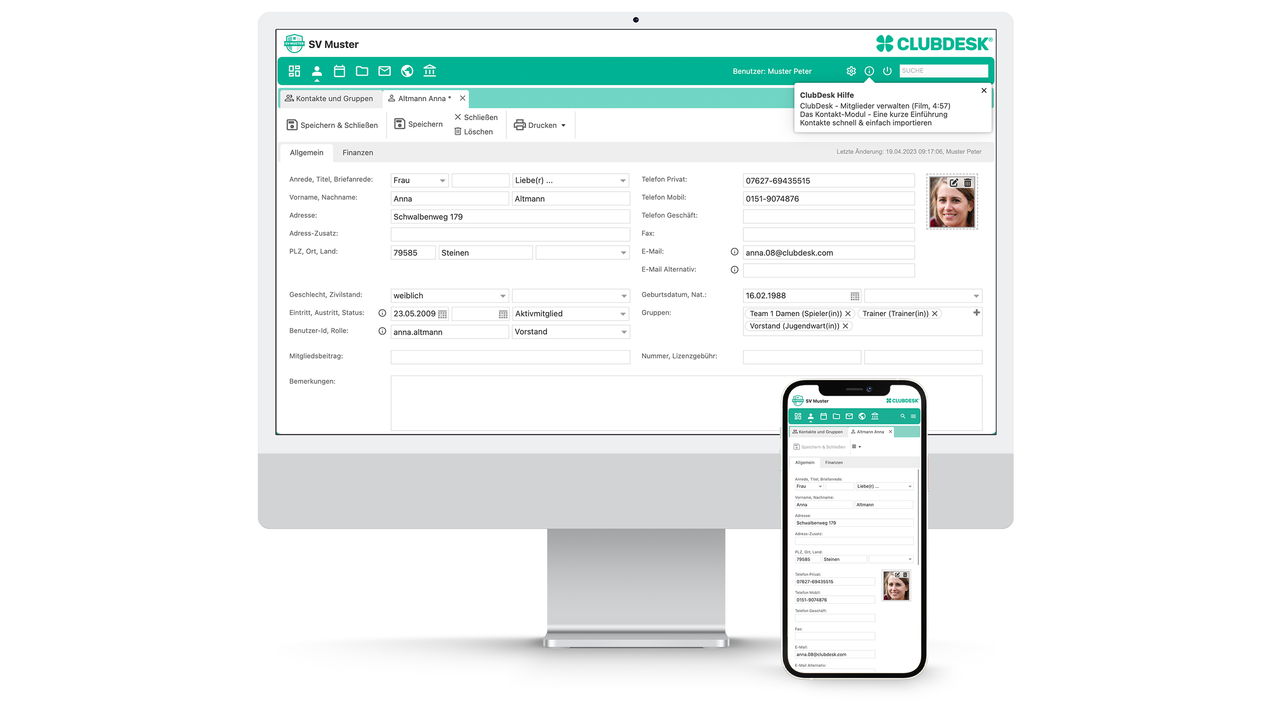 ClubDesk screenshot: Whether on the desktop at home or on the go using a tablet or smartphone - ClubDesk can be easily operated from any device.