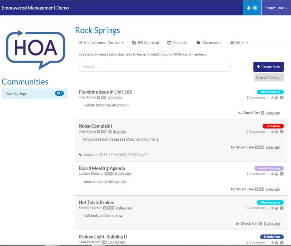 EmpoweredHOA screenshot: EmpoweredHOA action items