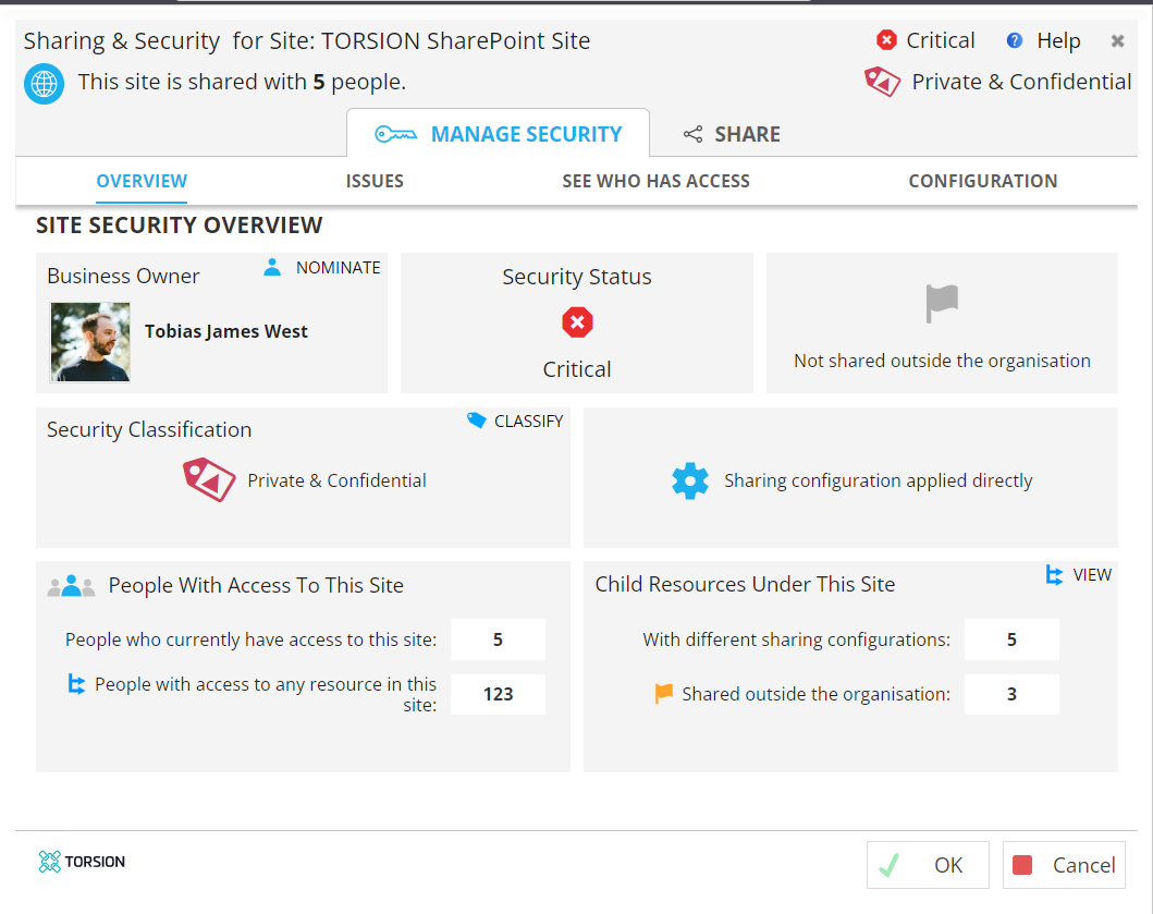 Torsion screenshot: Torsion site security overview