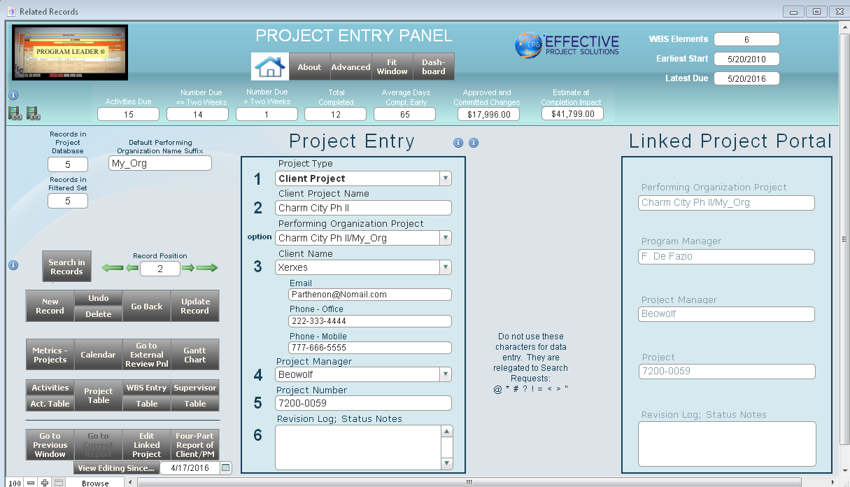 Project entry panel