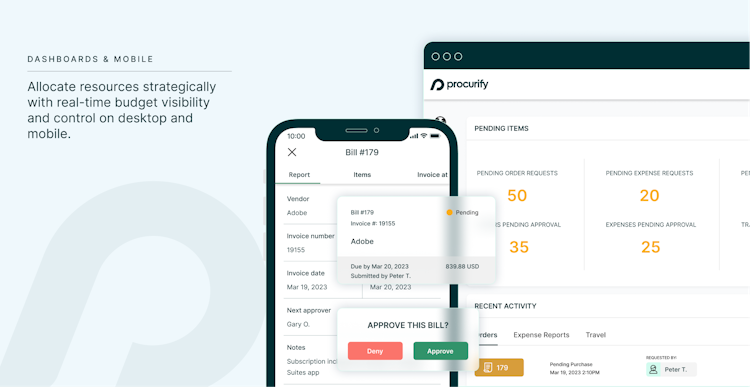 Procurify screenshot: Procurify’s mobile app for iOS and Android gives you complete visibility and control over your end-to-end procurement process – all from your phone.