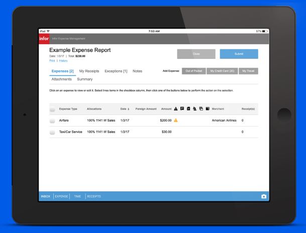 Infor Expense Management screenshot: Infor Expense Management expense reports