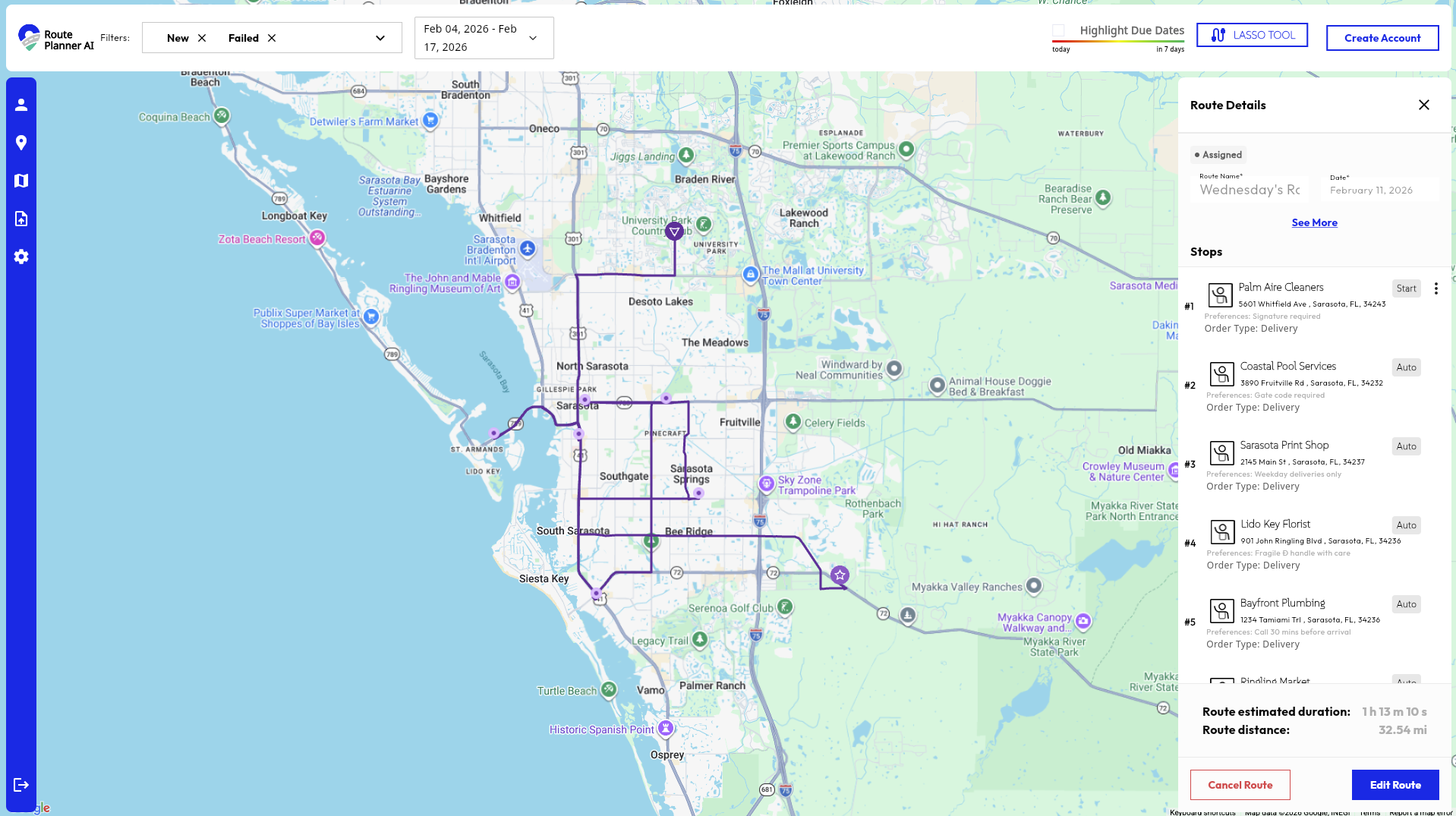 Route Planner AI screenshot: Route Planner AI Optimized Multi-stop Route Displayed on a Live Map