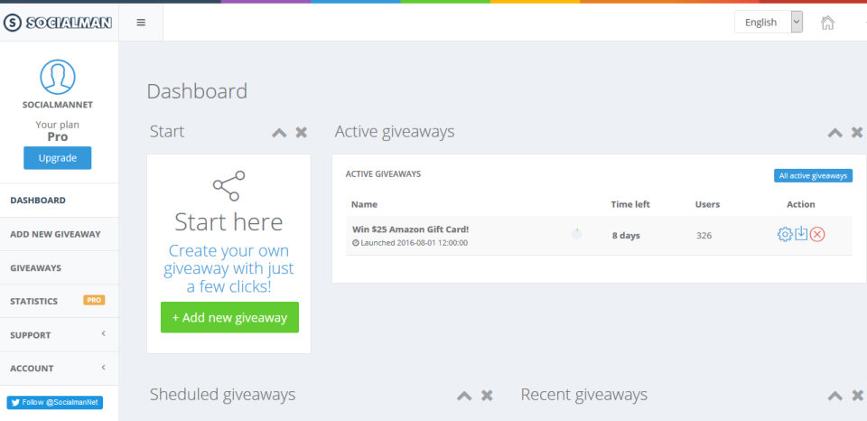 Socialman screenshot: The Socialman dashboard allows users to set up, manage, and track giveaways