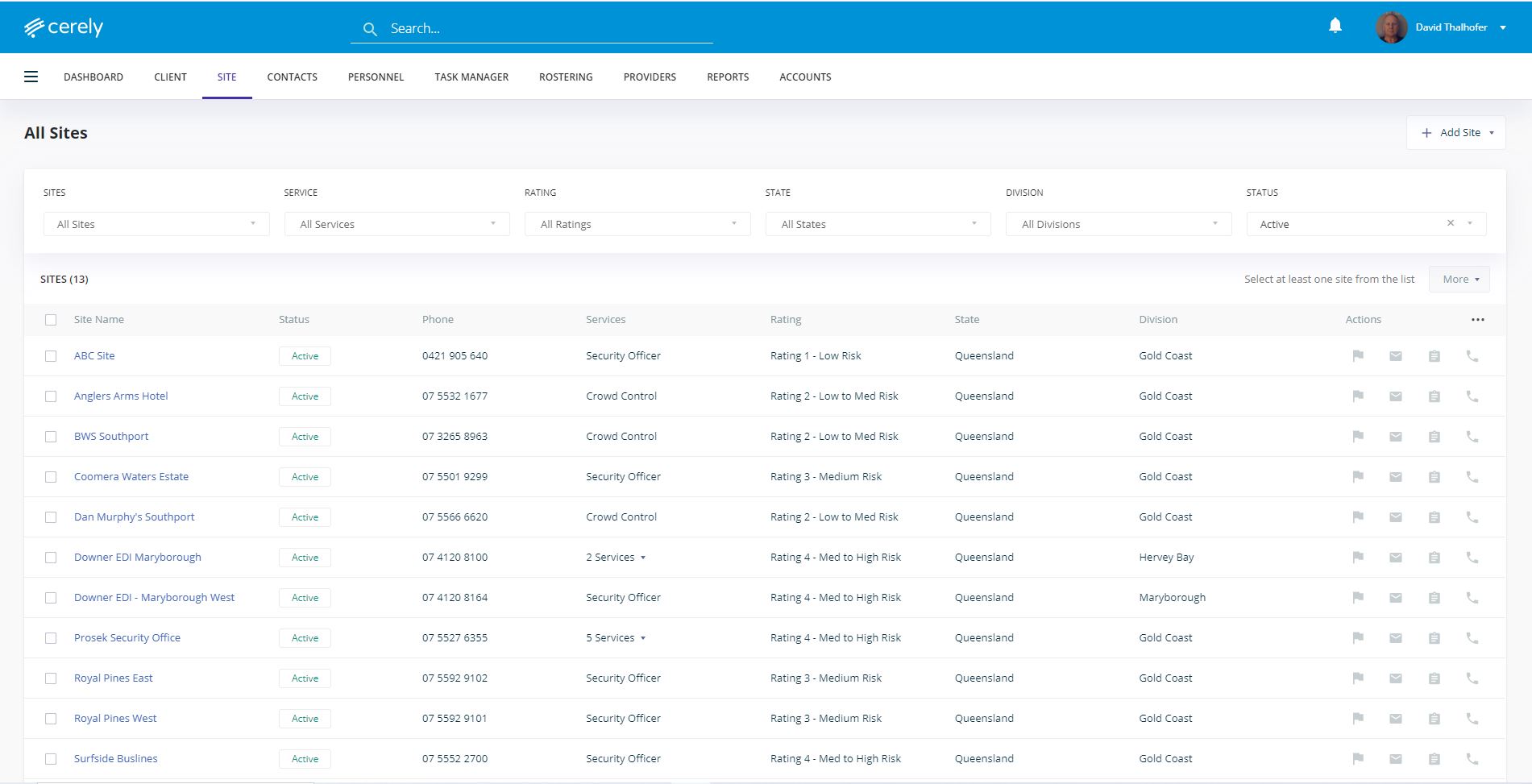 Cerely screenshot: Manage all of your sites in 1 single location, Cerely CRM