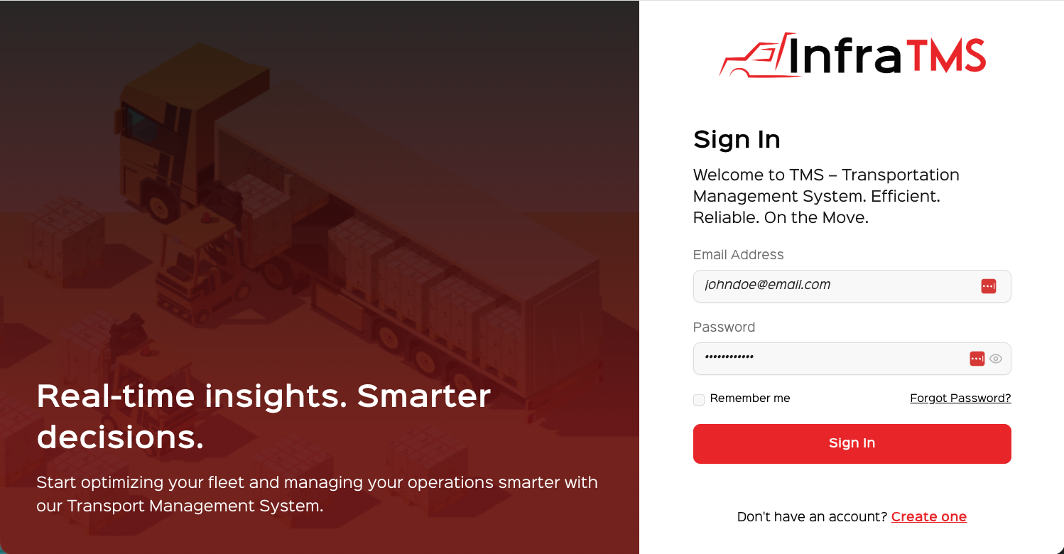 InfraTMS screenshot: InfraTMS login page