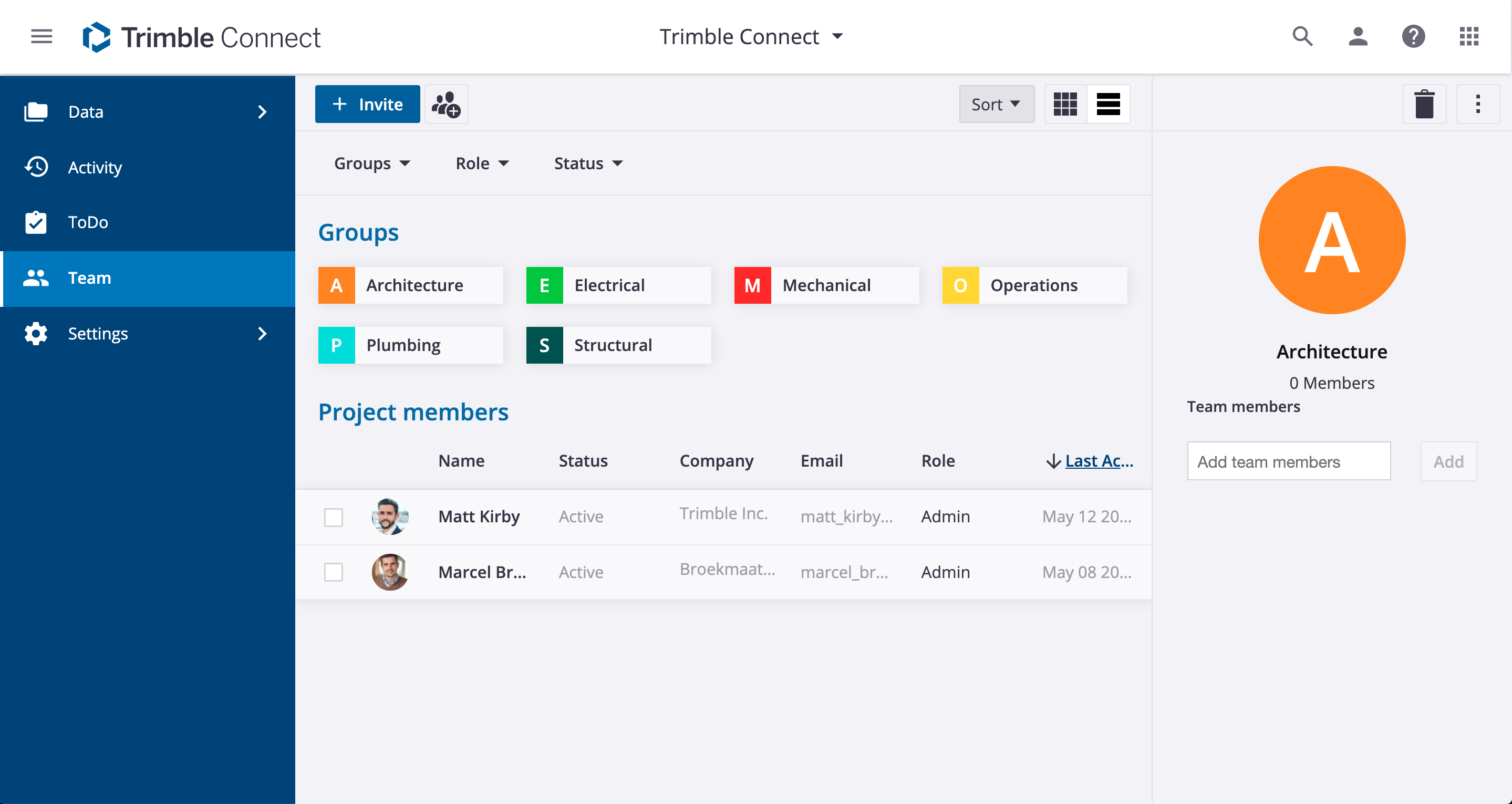 Trimble Connect team manage teams