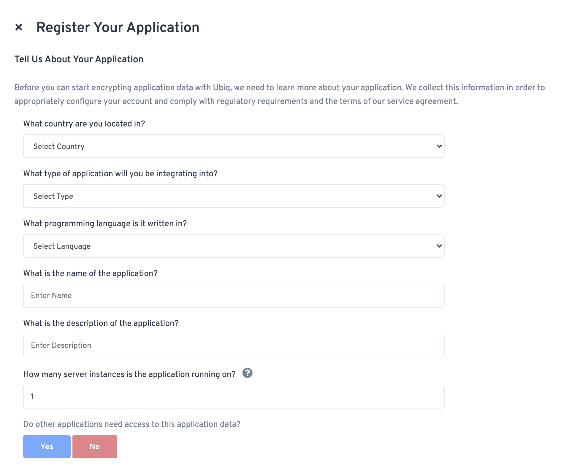 Ubiq screenshot: The Ubiq Dashboard allows you to register and manage all your applications for your projects.
