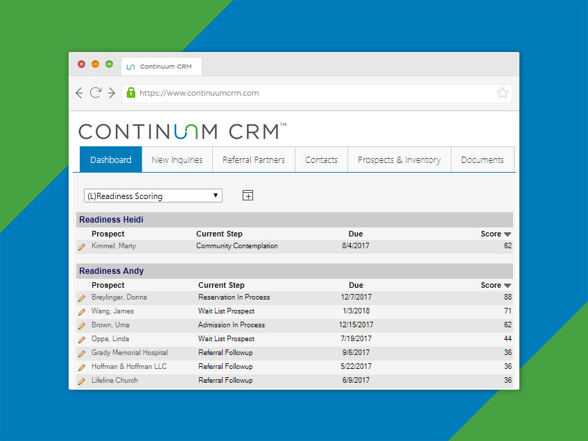 Continuum CRM screenshot: Continuum CRM dashboard