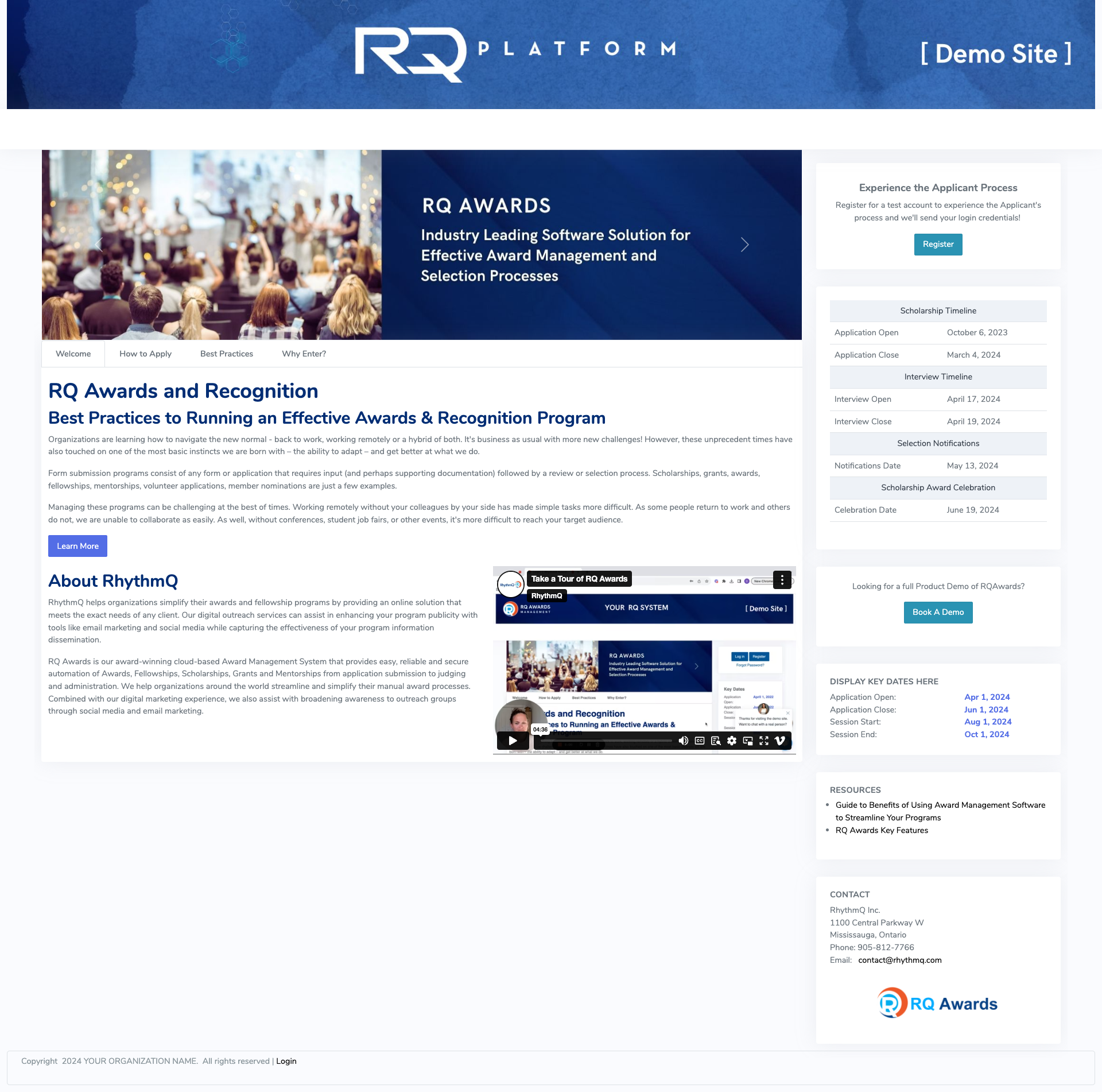 RQ Platform Software - Custom welcome page branded to match your organization’s look and feel, custom domain, rotating graphics, video and widgets with information your applicant’s need to be successful.