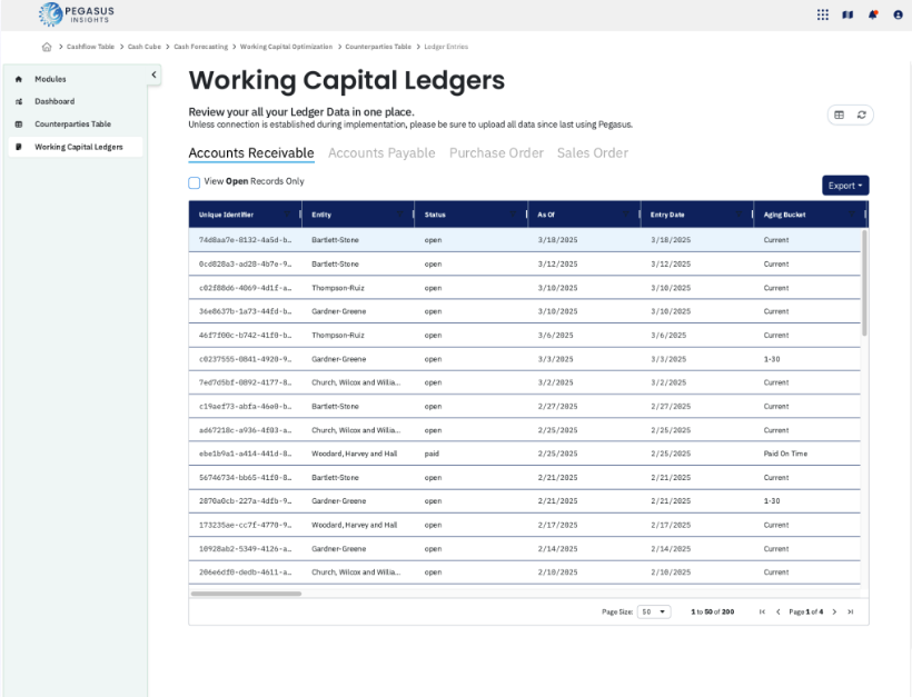 Pegasus Insights screenshot: Pegasus Insights working capital ledgers