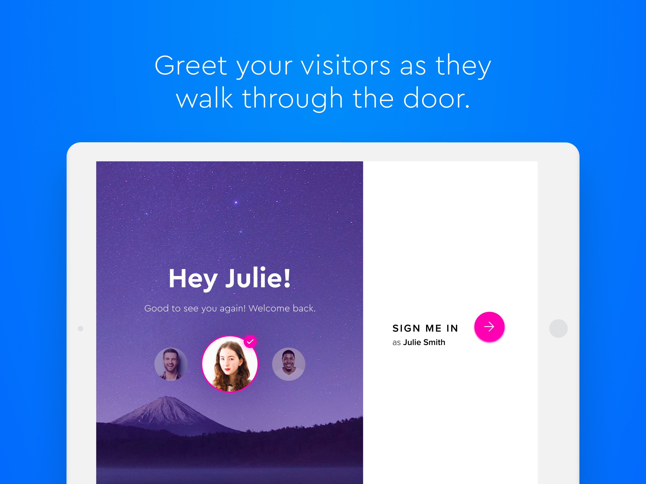 Villo screenshot: Greet your visitors and employees with a beautiful sign in experience with your company branding front and centre