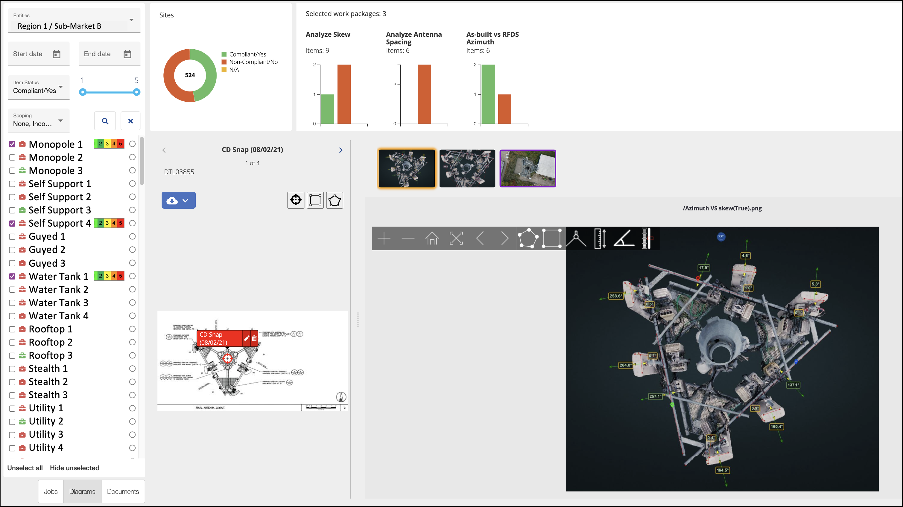 Optelos Software - Analyze And Measure - Make precise measurements and detailed analyses of assets, structures, building sites and equipment using 3D Point cloud models. Measure distances, angles, estimate volumes, azimuths and heights of objects.