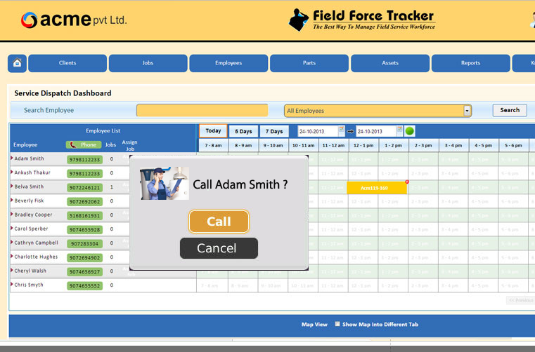 Field Force Tracker Software - Integrated VoIP telephony enables click-to-call between technicians