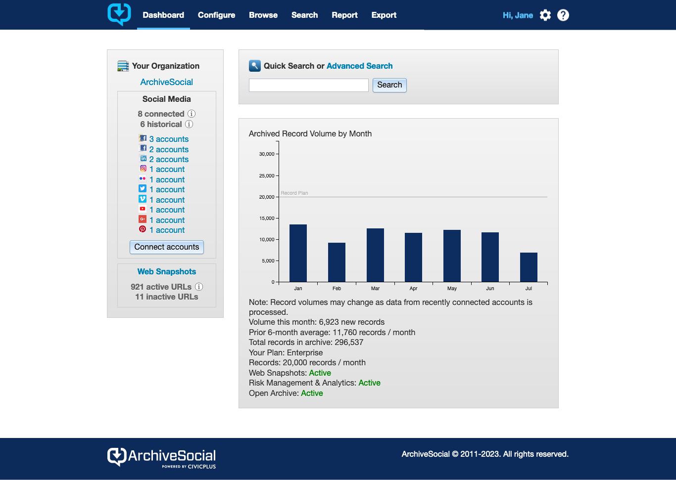 CivicPlus Social Media Archiving screenshot: Social Media Archiving Dashboard View