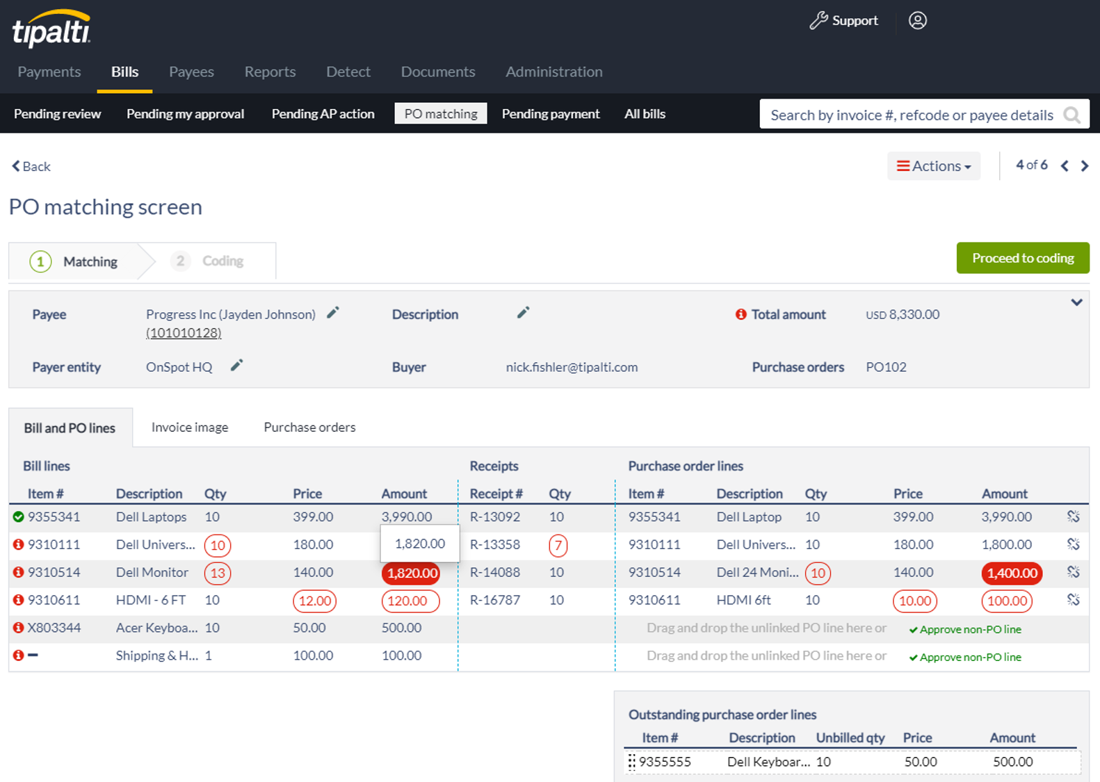 Tipalti Software - 2-way and 3-way PO matching allow automated syncing of POs and GDRs from your ERP to Tipalti to complete the PO match flow, helping eliminate overspending and strengthen financial controls.