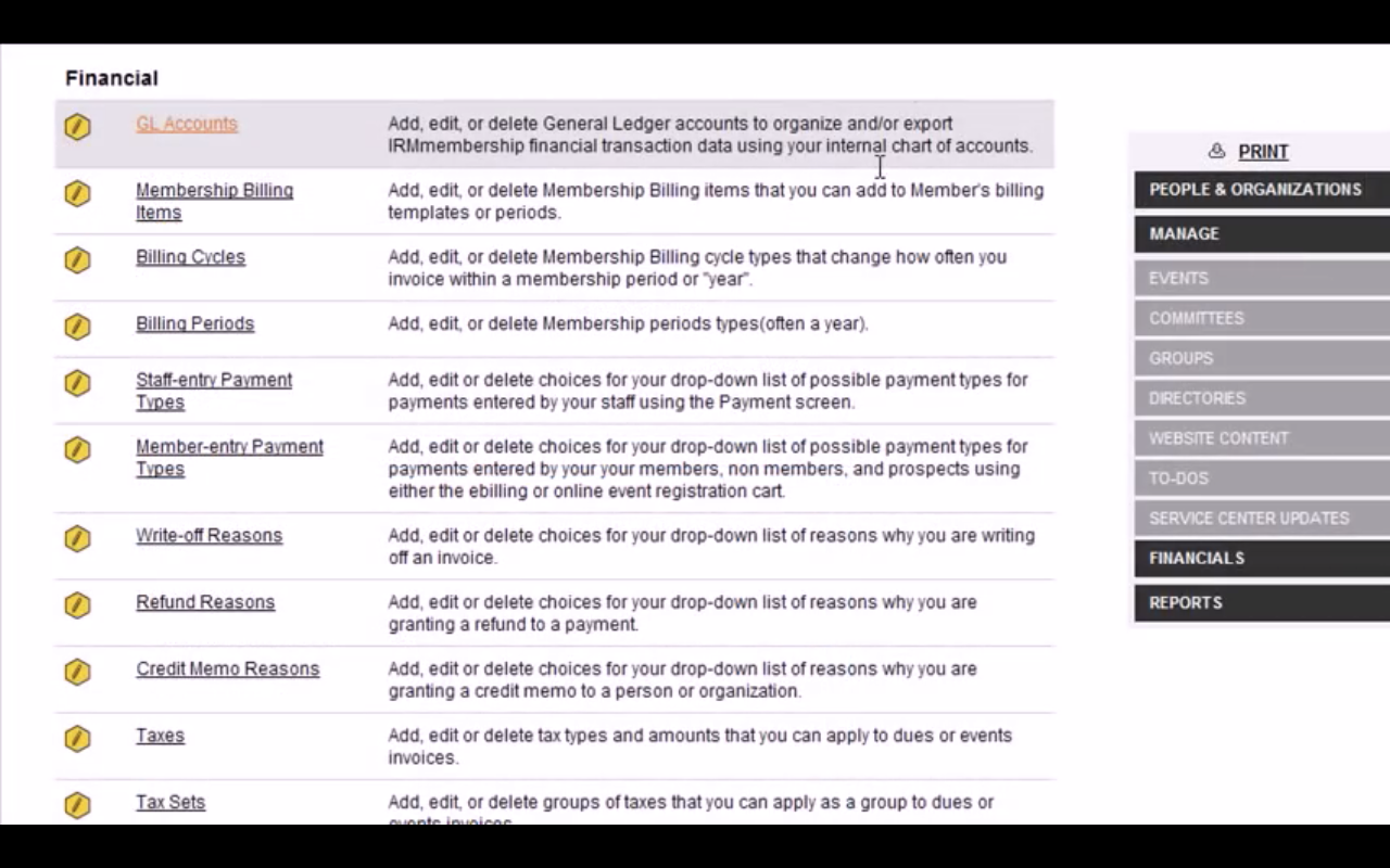 Membee also bundles financial options with settings for GL accounts, billing items, cycles, payment types, taxes, and more