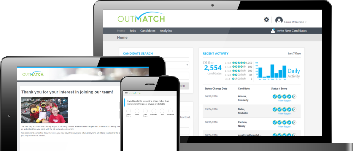 OutMatch is a cloud-based solution optimized for deployment across all internet-enabled devices, providing features for the hiring and development of employees