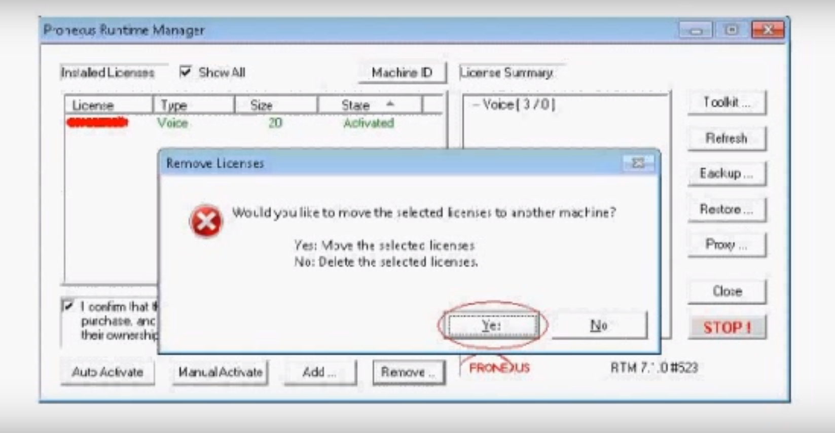 Pronexus VBVoice moving licenses screenshot