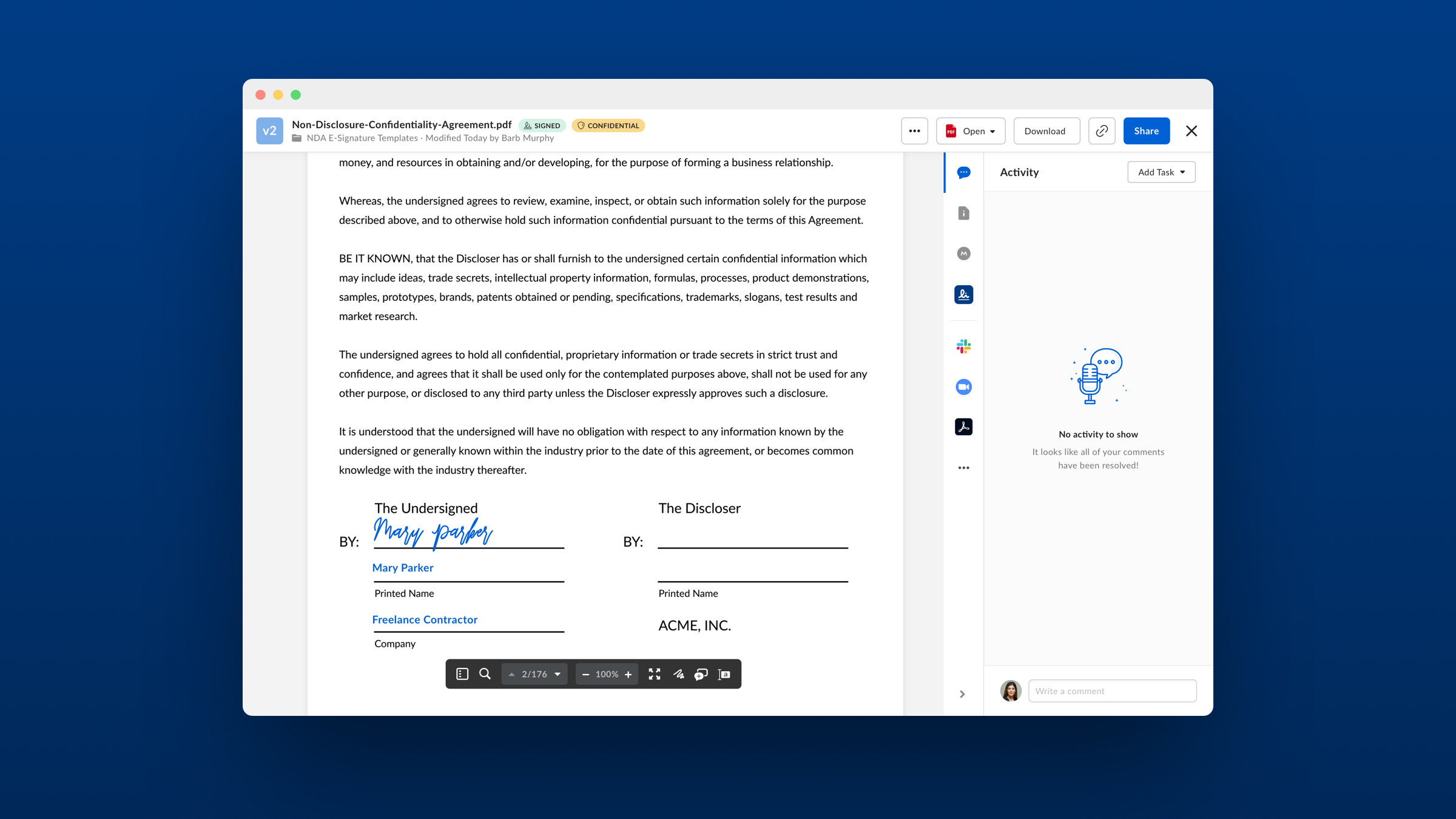 Get e-signatures right where your content lives in Box. Power a simple, seamless signing experience for critical business documents like sales contracts and offer letters.