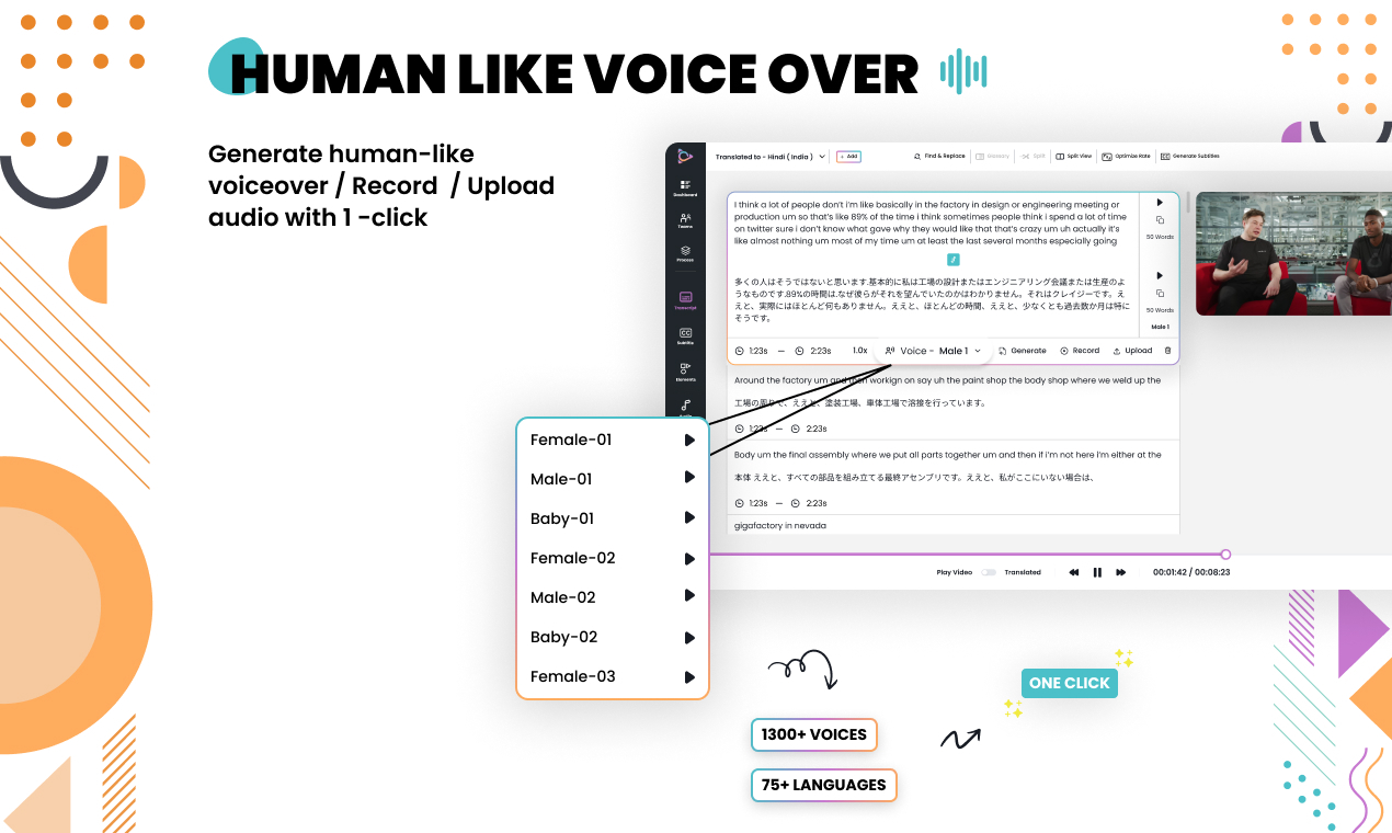 Generate Human-like voice overs/ record/ upload audio with 1-Click