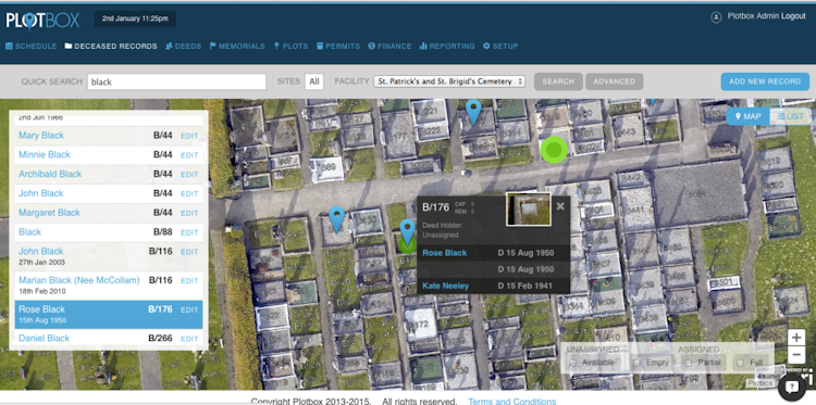 Plotbox screenshot: PlotBox displays deceased records plotted within the cemetery map view detailing designated burial plots