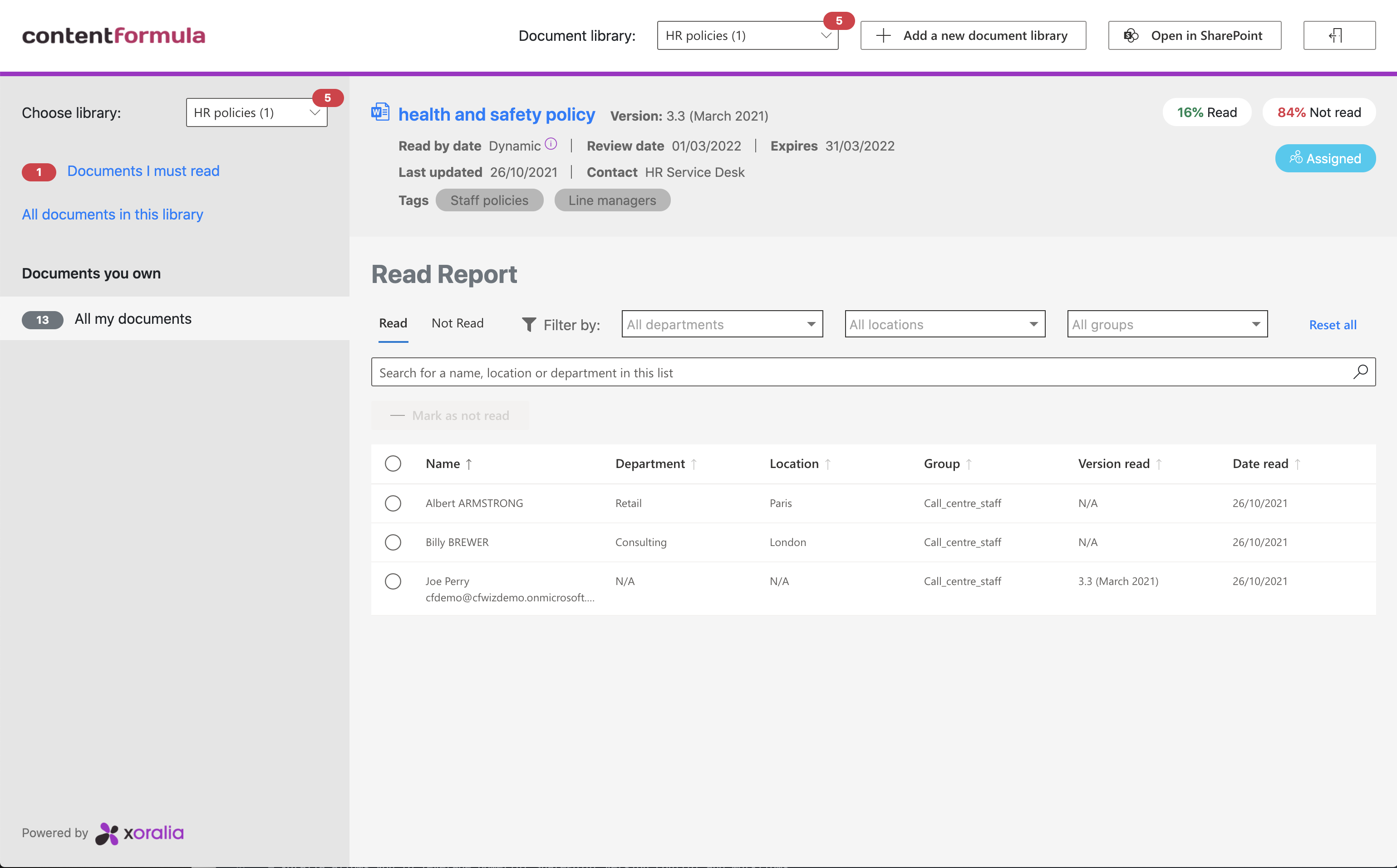 Policy owners and compliance staff can access policy read reports without going into SharePoint