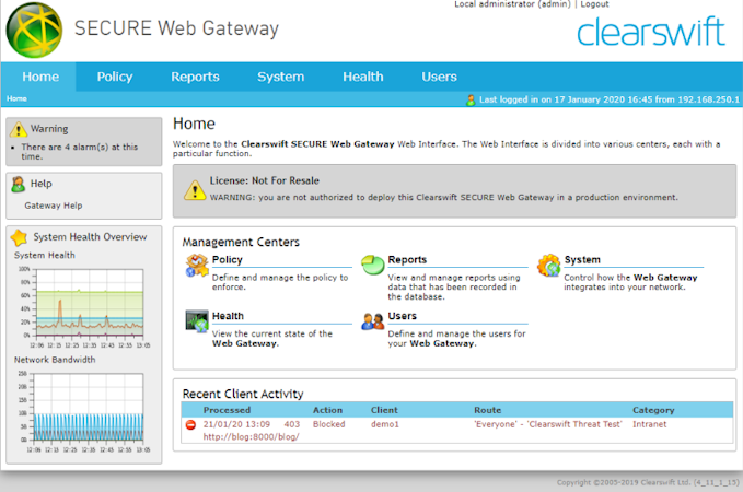 Clearswift Secure Web Gateway screenshot: Clearswift Secure Web Gateway home