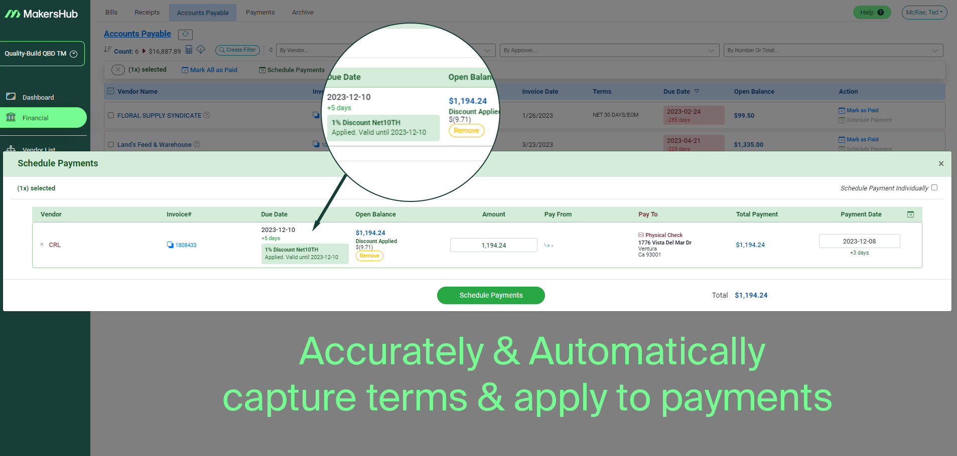 WiseVision: Accurately & Automatically captures terms & applies to payments.