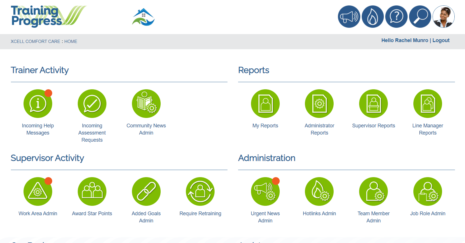 Homepage of System admin showing supervisor activity buttons (Work area admin, star awards, retraining and added goals admin). Administration buttons (for Hotlinks, team member admin, job role admin and urgent news admin).