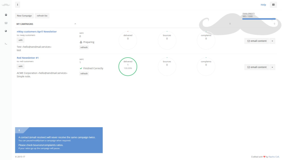 Mustache screenshot: Campaigns List