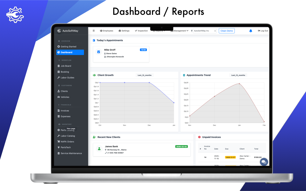 AutoSoftWay screenshot: Dashboard gives you a real-time overview of your shop's key metrics—all in one place. Instantly track low-stock parts, upcoming appointments, new and returning clients, and more to make smarter, faster business decisions.